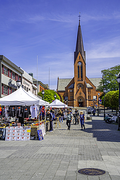 View of Our Savior's Church and market stalls on a sunny day, Haugesund, Rogaland County, Norway, Scandinavia, Europe