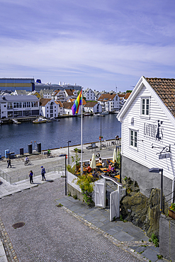 View of waterside restaurant in Haugesund from Risøy Bridge on a sunny day, Haugesund, Rogaland County, Norway, Scandinavia, Europe