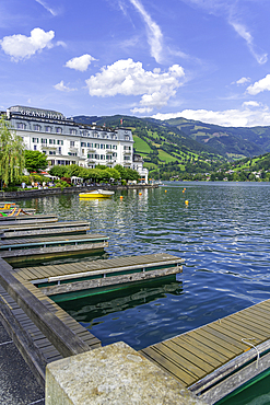 View of the Grand Hotel and Lake Zell on a sunny day, Zell am See, Salzburg, Austria, Europe