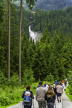 View of people walking to Krimml Waterfalls during summer, Krimml Waterfalls, Hohe Tauern National Park, Salzburger Land, Austria, Europe