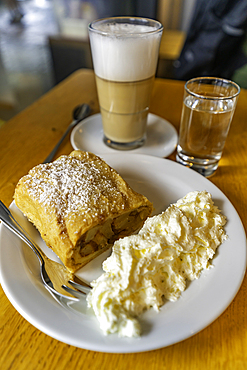 View of apple strudel at Krimml Waterfalls during summer, Krimml Waterfalls, Hohe Tauern National Park, Salzburger Land, Austria, Europe