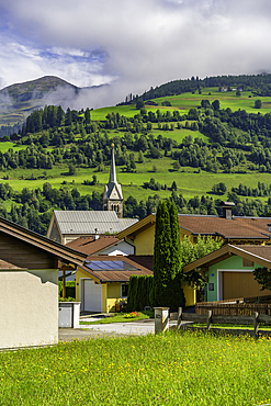 View of church in Niedernsill on a sunny day, Niedernsill, Zell am See district, Salzburger Land, Austria, Europe