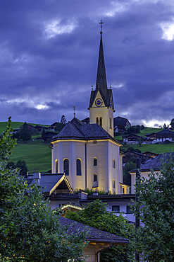 View of church in Kaprun at dusk during summer, Kaprun, Zell am See, Salzburg, Austria, Europe