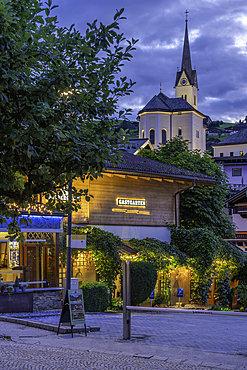 View of church in Kaprun at dusk during summer, Kaprun, Zell am See, Salzburg, Austria, Europe
