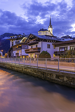 View of church and river in Kaprun at dusk during summer, Kaprun, Zell am See, Salzburg, Austria, Europe