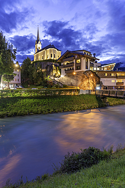 View of church and river in Kaprun at dusk during summer, Kaprun, Zell am See, Salzburg, Austria, Europe