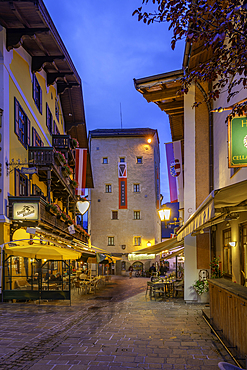 View of chalet hotel and museum in Zell am See at dusk, Zell am See, Salzburg, Austria, Europe