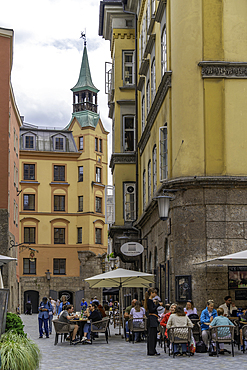View of cafes in the old town of Innsbruck on a sunny day in summer, Innsbruck, Tyrol Region, Austria, Europe