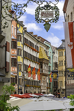 View of cafes in the old town of Innsbruck on a sunny day in summer, Innsbruck, Tyrol Region, Austria, Europe