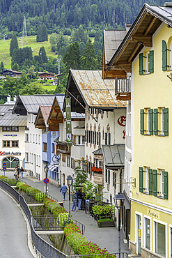 View of colourful buildings in the old town during summer, Kitzbuhel, Austrian Tyrol, Austria, Europe