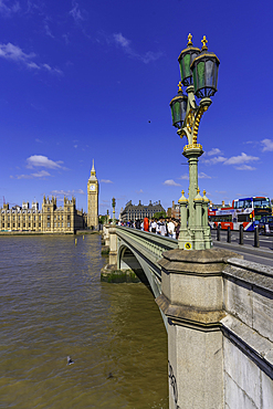 View of Big Ben clock tower from Westminster Bridge during summer, Westminster, London, England, United Kingdom, Europe