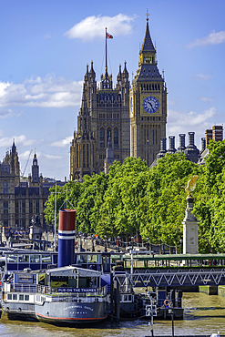 View of Houses of Parliament and Big Ben clocktower from Golden Jubilee Bridge during summer, Westminster, London, England, United Kingdom, Europe