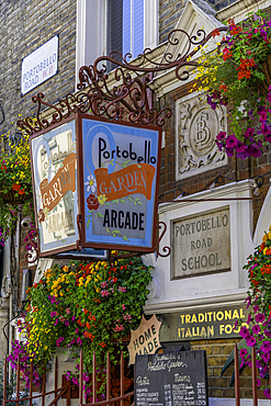 View of colourful restaurant in Portobello Road during summer, Kensington, London, England, United Kingdom, Europe