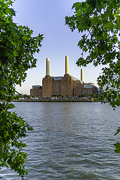 View of Battersea Power Station and river Thames during summer, Nine Elms, London, England, United Kingdom, Europe