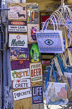 View of souvenirs on main street, Limenas Chersonisou, Crete, Greek Islands, Greece, Europe