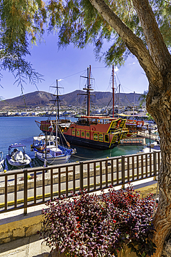 View of boats in Port of Hersonissos, Limenas Chersonisou, Crete, Greek Islands, Greece, Europe