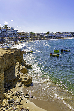 View of Akti Navarchou Nearchou Beach in Limenas Chersonisou, Crete, Greek Islands, Greece, Europe