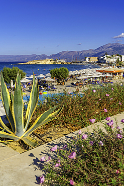 View of Akti Navarchou Nearchou Beach in Limenas Chersonisou, Crete, Greek Islands, Greece, Europe