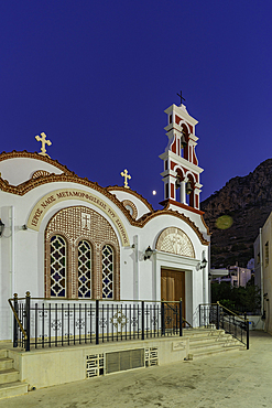 View of Church of the Metamorphosis of the Savior in Piskopiano village at dusk, Piskopiano, Crete, Greek Islands, Greece, Europe