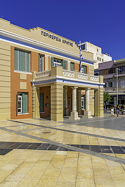 View of colourful achitecture in Eleftherias Square on a sunny day, City of Heraklion, Crete, Greek Islands, Geece, Europe