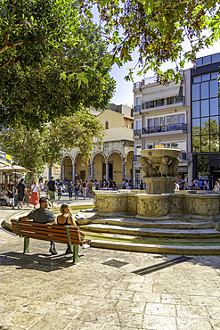 View of Morosini Fountain on a sunny day, City of Heraklion, Crete, Greek Islands, Geece, Europe