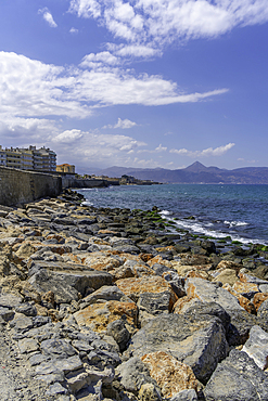 View of coastline in Heraklion on a sunny day, City of Heraklion, Crete, Greek Islands, Geece, Europe