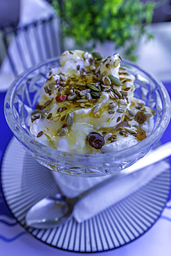 View of traditional Greek yoghurt and fruit salad, City of Heraklion, Crete, Greek Islands, Geece, Europe