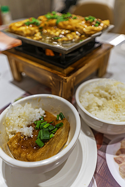 View of pan fried tofu with port, traditional Chinese dish, Hong Kong Island, Hong Kong, China, Asia