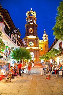 View of Parroquia de Guadalupe (Church of Our Lady of Guadalupe) at dusk, Downtown, Puerto Vallarta, Jalisco, Mexico, North America
