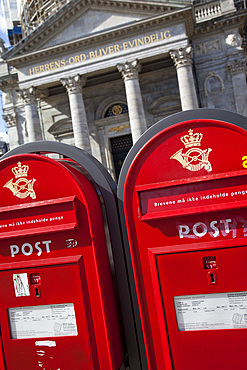 Red post boxes and marble church entrance, Copenhagen, Denmark, Scandinavia, Europe