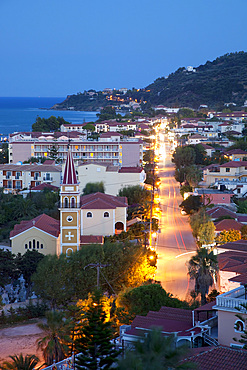View over town at dusk, Argassi, Zante, Ionian Islands, Greek Islands, Greece, Europe