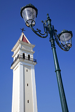 Church tower and lamp, Zakynthos Town, Zakynthos, Ionian Islands, Greek Islands, Greece, Europe