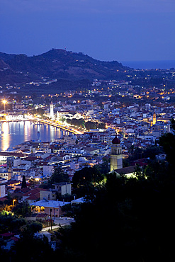 View of town from Strani Hill at dusk, Zakynthos Town, Zakynthos, Ionian Islands, Greek Islands, Greece, Europe