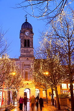 Christmas lights and Guild Hall at dusk, Derby, Derbyshire, England, United Kingdom, Europe