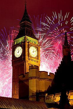 New Year fireworks and Big Ben, Houses of Parliament, Westminster, London, England, United Kingdom, Europe