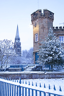 Edensor village and church in winter, Chatsworth Estate, Derbyshire, England, United Kingdom, Europe