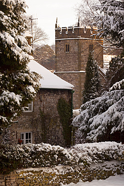 Cottage and church, Ashford in the Water, Derbyshire, England, United Kingdom, Europe