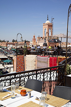 Rooftop terrace and minarets, Place Jemaa El Fna, Marrakesh, Morocco, North Africa, Africa