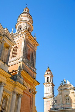 View of medieval Basilique Saint Michel, Menton, Alpes-Maritimes, Cote d'Azur, Provence, French Riviera, France, Mediterranean, Europe