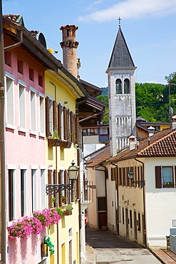 View of street and belltower in the town of Belluno, Province of Belluno, Veneto, Italy, Europe