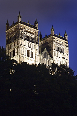 Durham Cathedral floodlit at dusk, UNESCO World Heritage Site, Durham, County Durham, England, United Kingdom, Europe