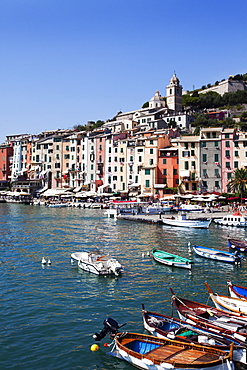 Colourful painted buildings by the Marina at Porto Venere, Cinque Terre, UNESCO World Heritage Site, Liguria, Italy, Europe 