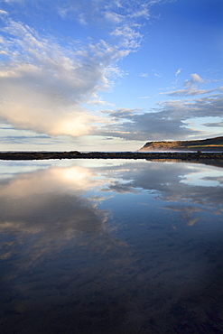 Looking toward Ravenscar from Robin Hoods Bay on a summer evening, Yorkshire, England, United Kingdom, Europe