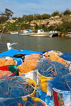 Fishing boats and nets, Potamos Tou Liopetri, Cyprus, Mediterranean, Europe