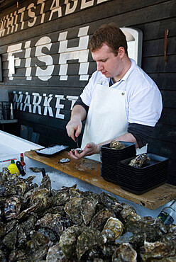 Oyster seller, Whitstable, Kent, England, United Kingdom, Europe