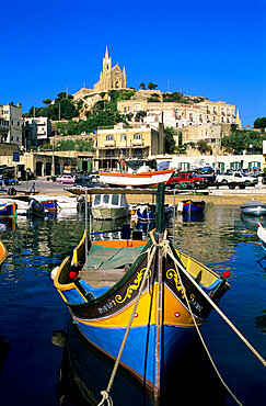 Luzzu fishing boat, Mgarr harbour, Gozo, Malta, Mediterranean, Europe