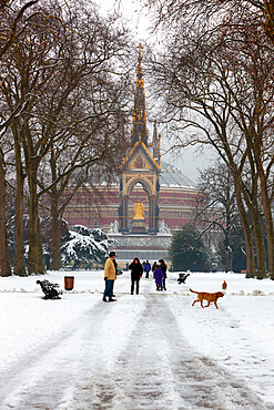 The Albert Memorial and Royal Albert Hall in winter, Kensington Gardens, London, England, United Kingdom, Europe