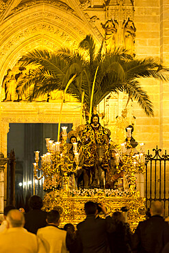 Semana Santa (Holy Week) float with image of Christ outside Seville cathedral, Seville, Andalucia, Spain, Europe