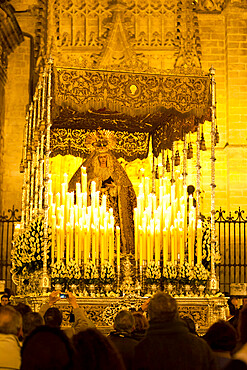 Semana Santa (Holy Week) float (pasos) with image of Virgin Mary outside Seville cathedral, Seville, Andalucia, Spain, Europe