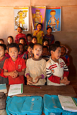 School children from Akha hill village, near Kengtung, Shan State, Myanmar (Burma), Asia